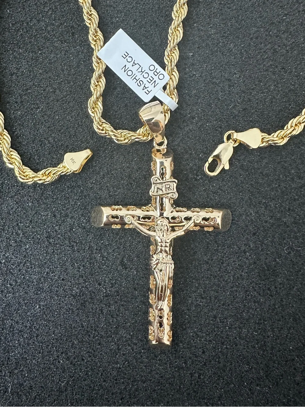 New Gold plated cross Jesus Crucifix Pendant charm with new Rope Chain